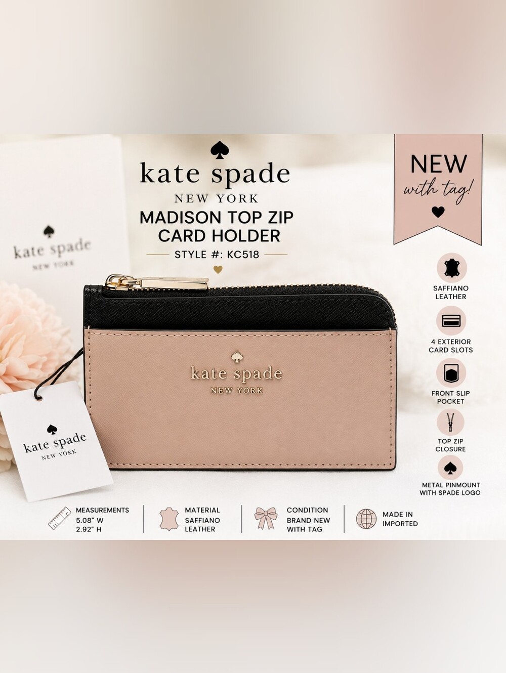 NWT Kate Spade Madison Top Zip Card Holder KC518 Saffiano Leather